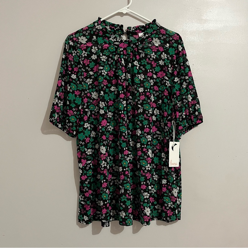 Floral Women's Blouse - Black, Green, Pink 2X New Luna